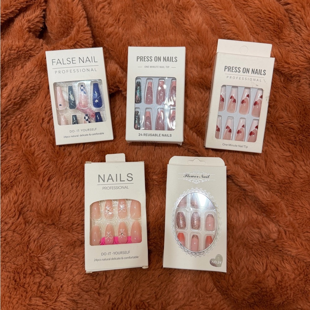 Press On Nail Bundle Set 5 Packs Mixed Designs French Glitter Pink Reusable